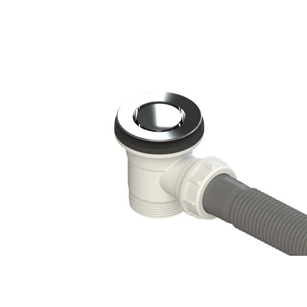 Decina polished chrome round bath pop-down overflow and waste kit with hose, angled view on white background