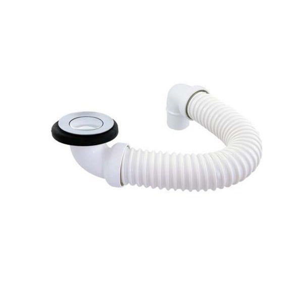 Decina chrome pop-up bath waste with flexible white connector tube and round plug on white background