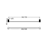 Technical drawing of Nero Opal single towel rail, brushed nickel, showing 800mm length and fixing dimensions
