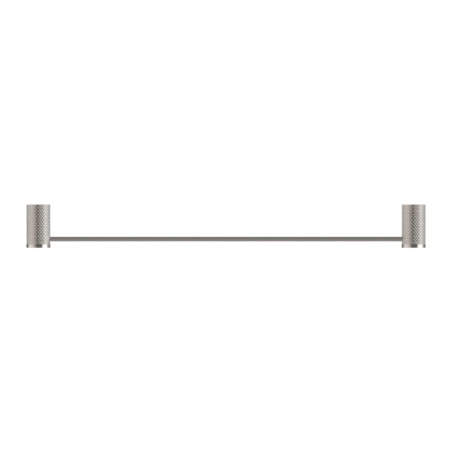 Nero Opal 800mm single towel rail in brushed nickel, front view, with slim round bar and textured wall brackets