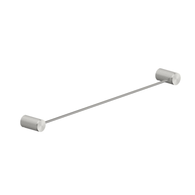 Nero Opal single towel rail 800mm in brushed nickel, with knurled round wall mounts and slim bar on white background