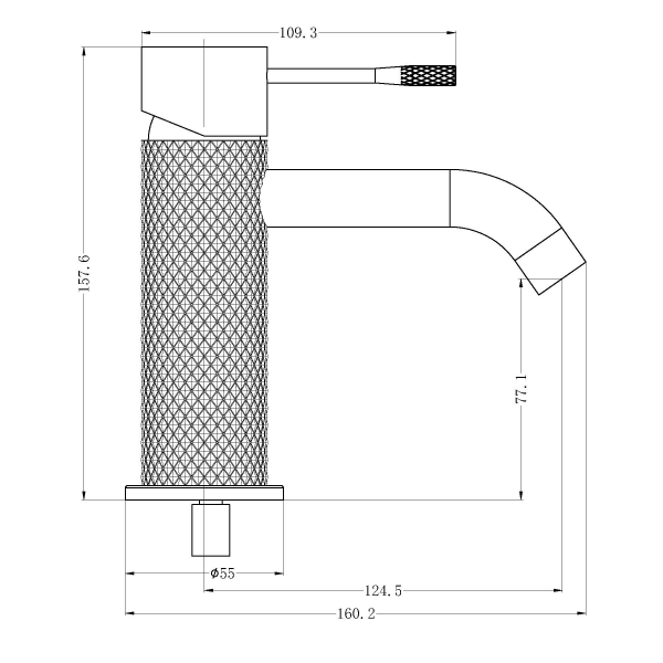Technical drawing of Nero Opal basin mixer tap in brushed bronze, showing side profile and dimensions
