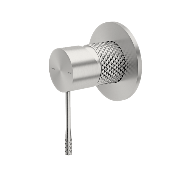 Nero Tapware Opal shower mixer in brushed nickel, with round wall plate and knurled control handle