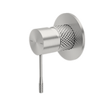 Nero Tapware Opal shower mixer in brushed nickel, with round wall plate and knurled control handle