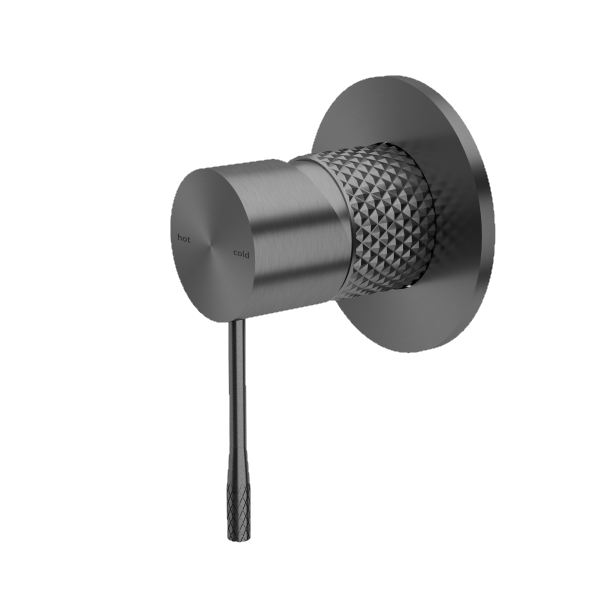 Nero Tapware Opal shower mixer in gunmetal, round wall plate with textured grip and lever handle