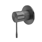 Nero Tapware Opal shower mixer in gunmetal, round wall plate with textured grip and lever handle