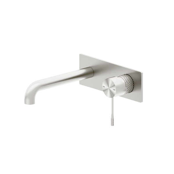 Nero Opal wall basin/bath mixer in brushed nickel, with slim spout and round lever on rectangular backplate