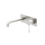 Nero Opal wall basin/bath mixer in brushed nickel, with slim spout and round lever on rectangular backplate