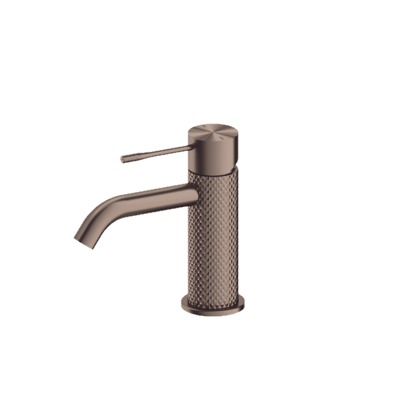 Nero Opal basin mixer tap in brushed bronze, with knurled cylindrical body and slim lever handle