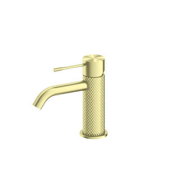 Nero Opal basin mixer in brushed gold with textured cylindrical body and curved spout, front view on white background