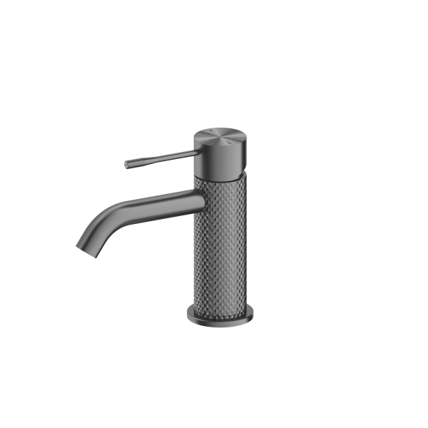 Nero Opal basin mixer tap in graphite finish, with textured cylindrical body and curved spout on white background