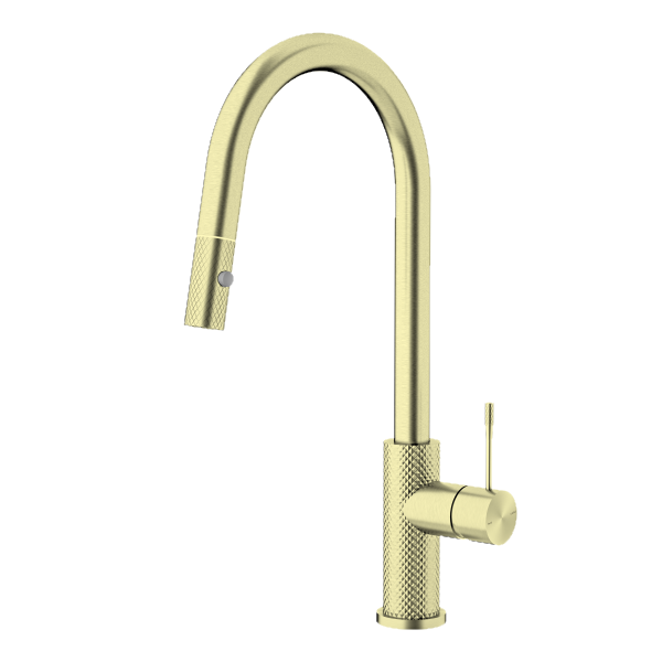 Nero Opal pull out sink mixer in brushed gold, with curved gooseneck spout and side lever handle on white background