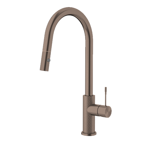Nero Opal pull out sink mixer in brushed bronze, shown on white background with curved gooseneck spout and side lever handle