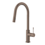 Nero Opal pull out sink mixer in brushed bronze, shown on white background with curved gooseneck spout and side lever handle
