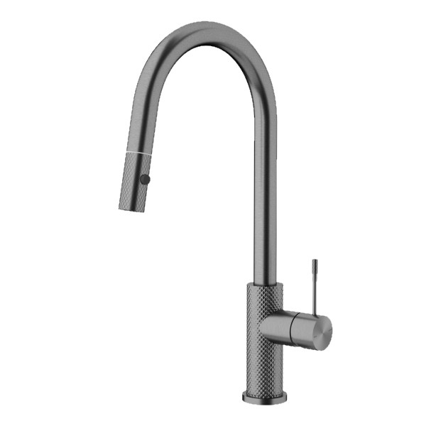 Nero Opal pull out sink mixer in gunmetal, with curved spout and textured handle, shown on white background