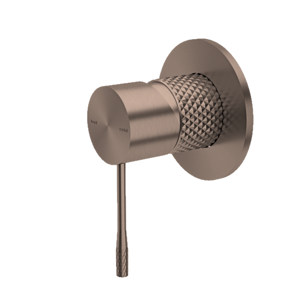 Nero Tapware Opal shower mixer in brushed bronze, round wall plate with knurled grip and slim lever