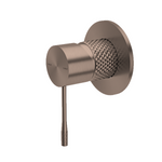 Nero Tapware Opal shower mixer in brushed bronze, round wall plate with knurled grip and slim lever