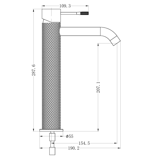 Nero Tapware Opal Tall Basin Mixer technical drawing in graphite, showing side view with dimensions and tall spout for vessel basins