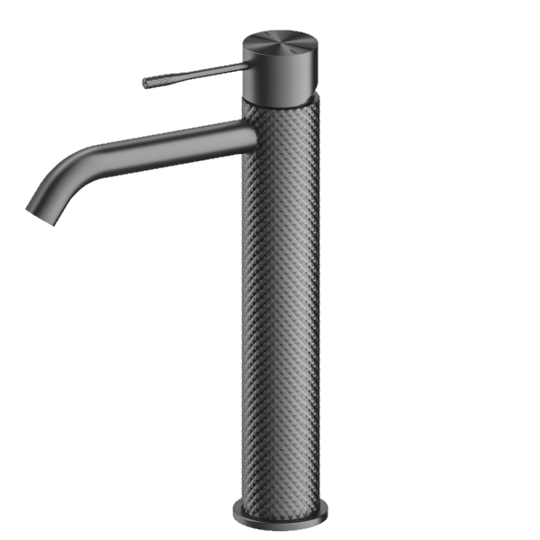 Nero Tapware Opal tall basin mixer in graphite, with textured cylindrical body and curved spout, side view on white background