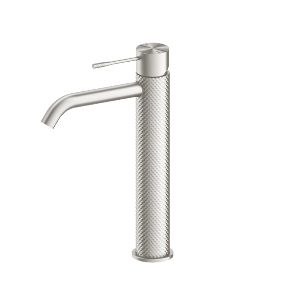 Nero Tapware Opal tall basin mixer in brushed nickel, single-lever tap with textured cylindrical body and curved spout