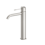 Nero Tapware Opal tall basin mixer in brushed nickel, single-lever tap with textured cylindrical body and curved spout