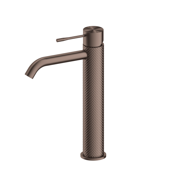 Nero Tapware Opal tall basin mixer in brushed bronze, with textured cylindrical body and curved spout, front view