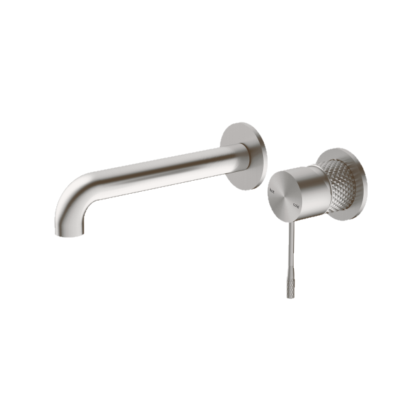 Nero Opal wall basin/bath mixer in brushed nickel, with separate back plate and wall-mounted spout and control lever