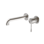 Nero Opal wall basin/bath mixer in brushed nickel, with separate back plate and wall-mounted spout and control lever
