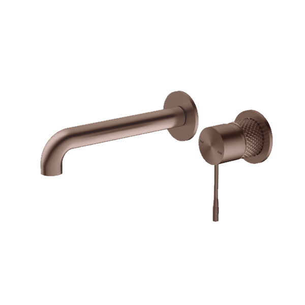 Nero Opal wall basin/bath mixer in brushed bronze with separate round back plate and lever handle, side view