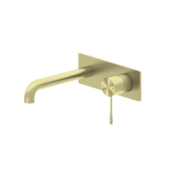 Nero Opal wall basin/bath mixer in brushed gold, wall-mounted tap with slim spout and round control on rectangular backplate