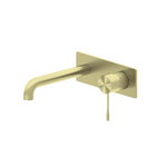 Nero Opal wall basin/bath mixer in brushed gold, wall-mounted tap with slim spout and round control on rectangular backplate