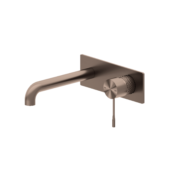 Nero Opal wall basin/bath mixer in brushed bronze, wall-mounted with square backplate and round lever handle