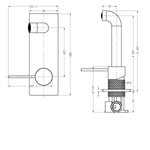 Technical drawing of Nero Opal wall basin/bath mixer, showing front and side views with dimensions in brushed bronze.