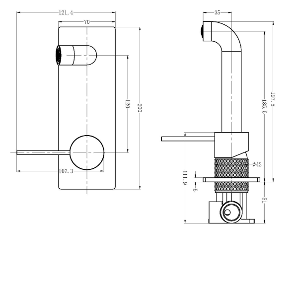 Technical drawing of Nero Opal wall basin/bath mixer, showing front and side views with dimensions in brushed bronze.