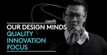Caroma design minds promotional graphic with man and “Our Design Minds” text on black background