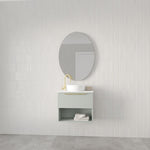 Marquis Oxford wall hung ensuite vanity in pale green with white basin, open shelf and brushed brass handle