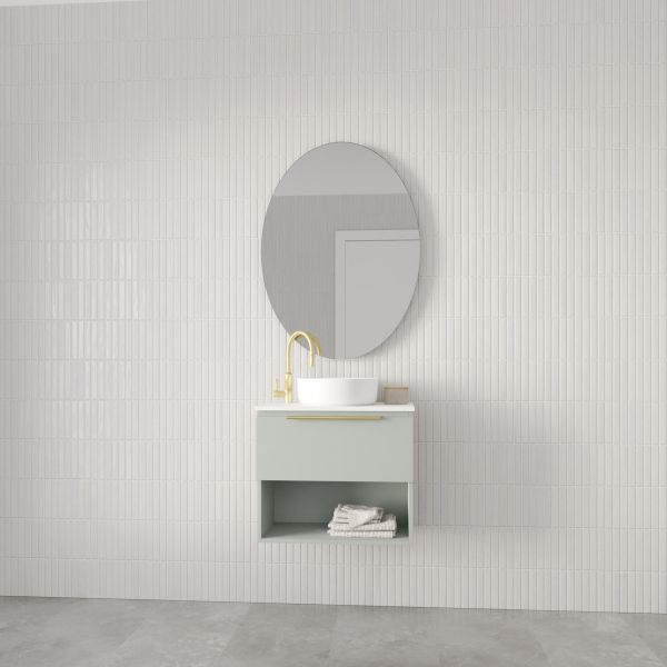 Marquis Oxford wall hung ensuite vanity in pale green with white basin, open shelf and brushed brass handle