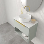 Marquis Oxford wall hung ensuite vanity in pale green with white top, brass handle and open shelf with basin