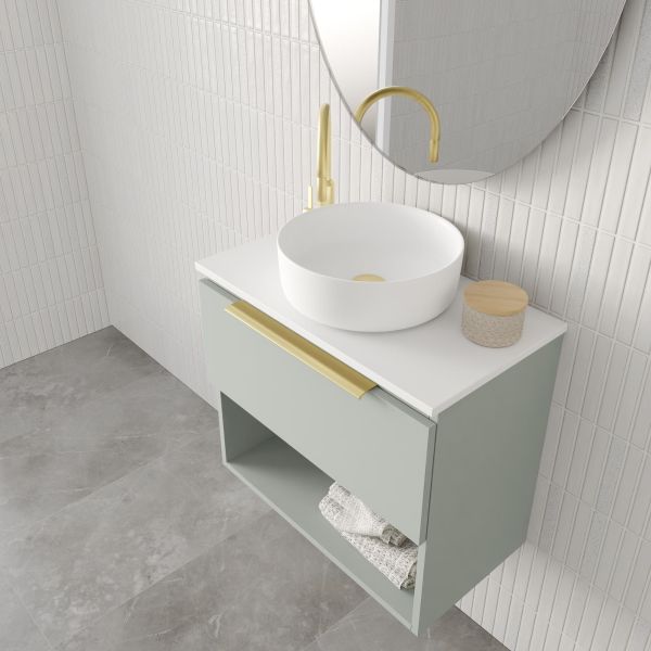 Marquis Oxford wall hung ensuite vanity in pale green with white top, brass handle and open shelf with basin