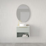Marquis Oxford wall hung ensuite vanity in pale grey with open shelf, white basin, brass handle and round mirror