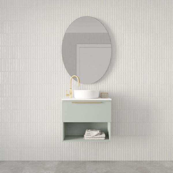 Marquis Oxford wall hung ensuite vanity in pale grey with open shelf, white basin, brass handle and round mirror