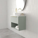 Marquis Oxford wall hung ensuite vanity in pale green with white top, open shelf, gold handle and round basin
