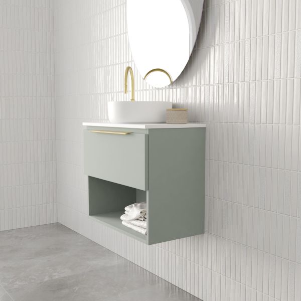 Marquis Oxford wall hung ensuite vanity in pale green with white top, open shelf, gold handle and round basin