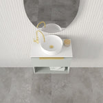 Marquis Oxford wall hung ensuite vanity with white top, round basin and gold tapware in a tiled bathroom setting