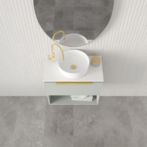 Marquis Oxford wall hung ensuite vanity with white top, round basin and gold tapware in a tiled bathroom setting
