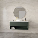 Marquis Oxford wall hung vanity in green with white basin and brass handle, shown in a bathroom setting with open shelf beneath
