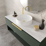 Marquis Oxford wall hung vanity in green with white benchtop, above-counter basin and brushed brass handle, angled view