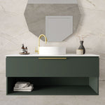 Marquis Oxford wall hung vanity in dark green with white benchtop, open shelf and round above-counter basin front view