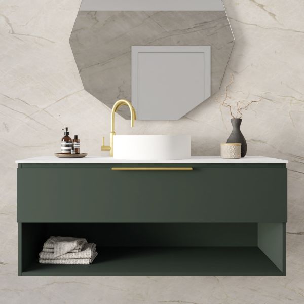 Marquis Oxford wall hung vanity in dark green with white benchtop, open shelf and round above-counter basin front view