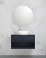 Marquis Oxford wall hung vanity in dark blue with open shelf, centred basin and brushed brass handle, front view